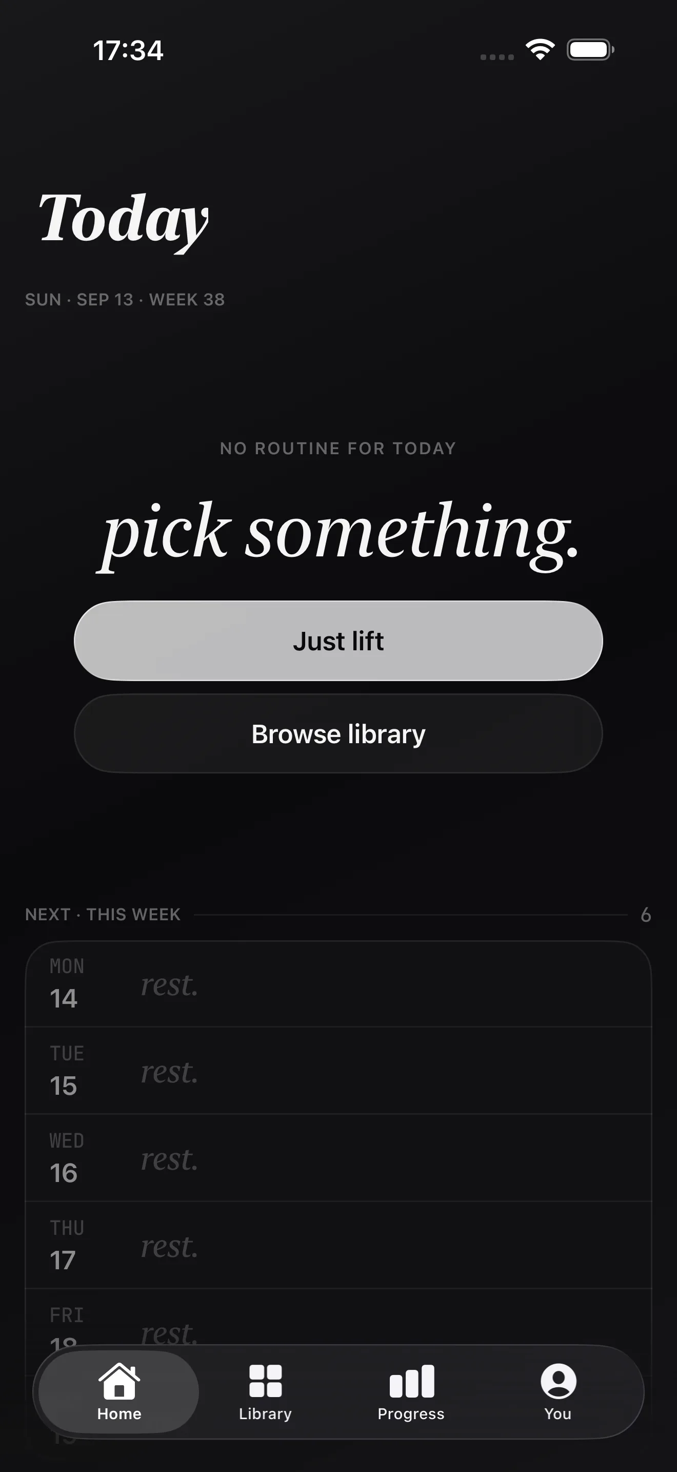Alterio Today screen: no routine scheduled, with Just lift and Browse library buttons and the week ahead