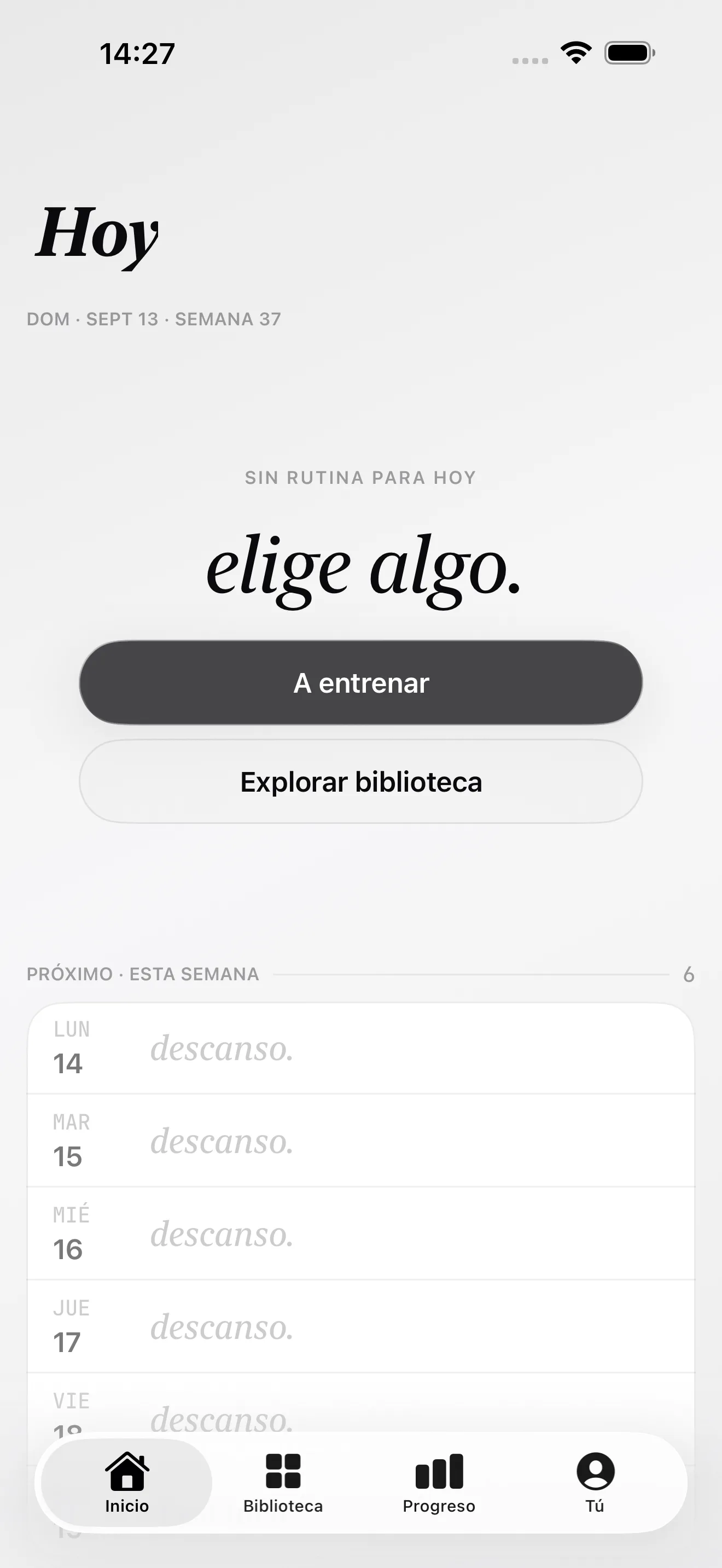 Pantalla Avui d’Alterio: sense rutina programada, amb els botons Només entrenar i Veure biblioteca i la setmana següent