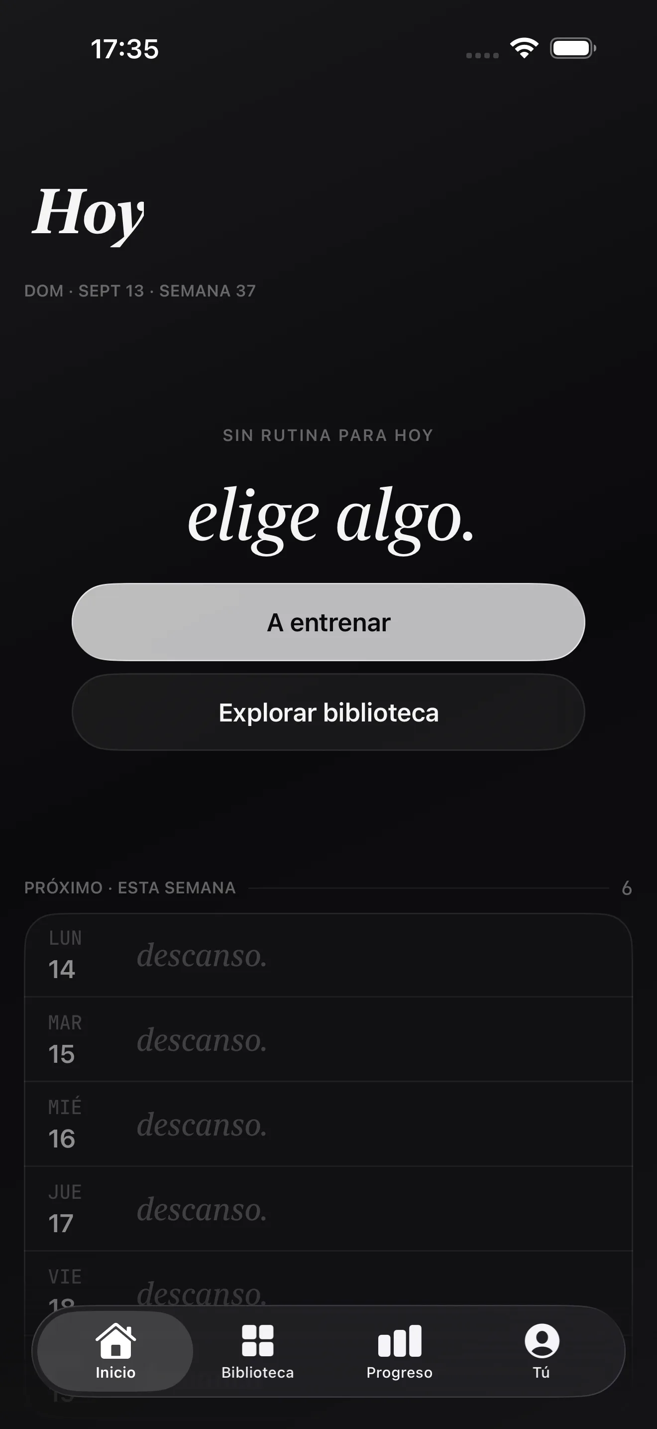 Pantalla Avui d’Alterio: sense rutina programada, amb els botons Només entrenar i Veure biblioteca i la setmana següent