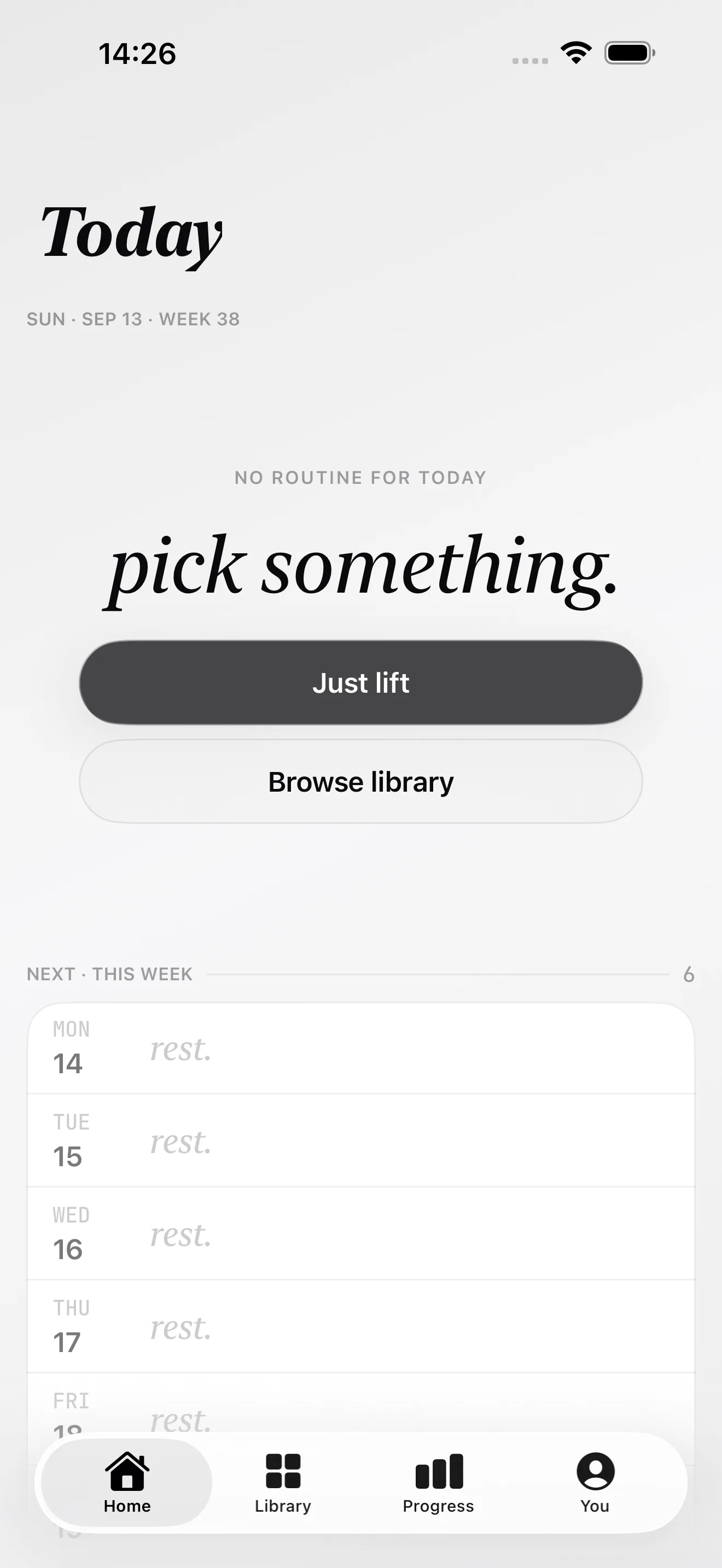 Alterio Today screen: no routine scheduled, with Just lift and Browse library buttons and the week ahead