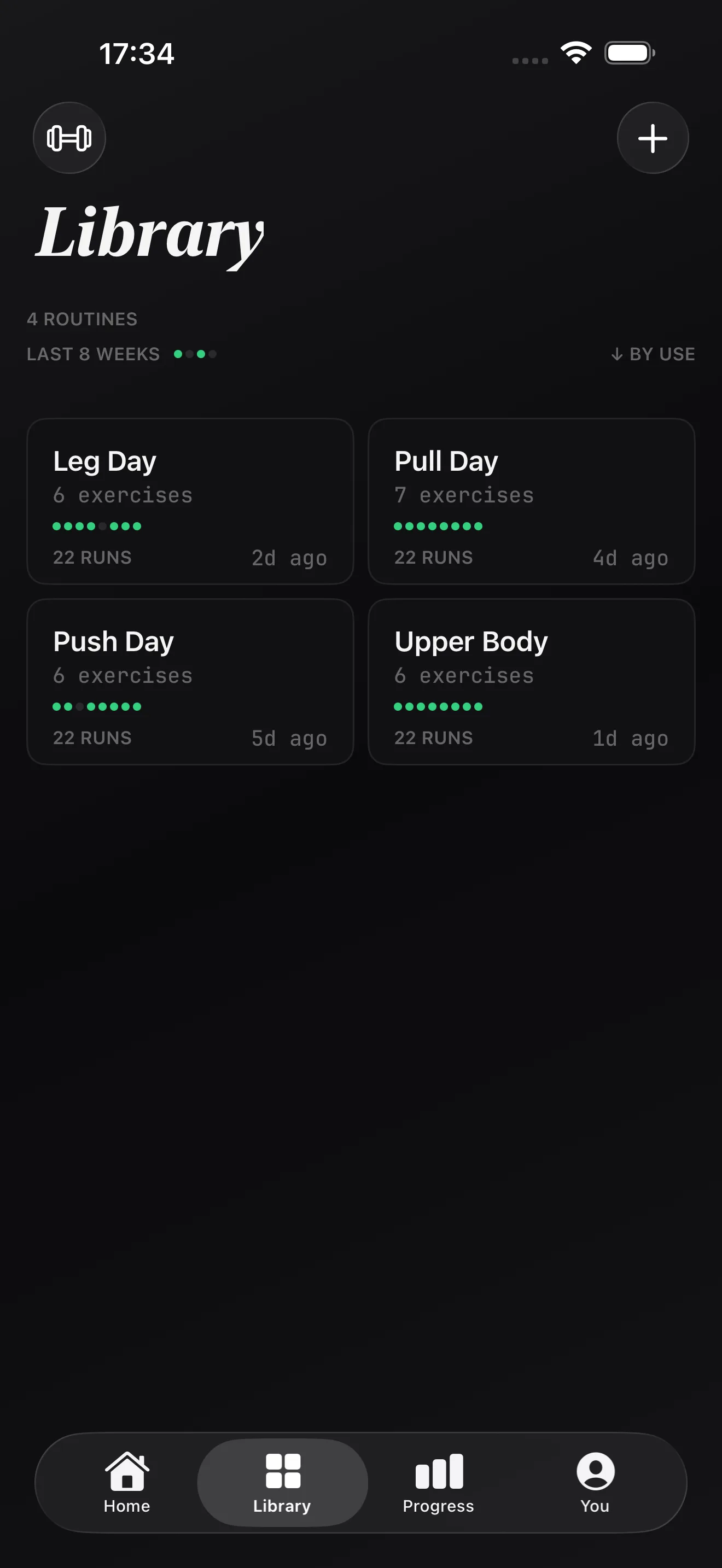 Alterio Library screen with Push, Pull, Leg and Upper Body routines and their run counts