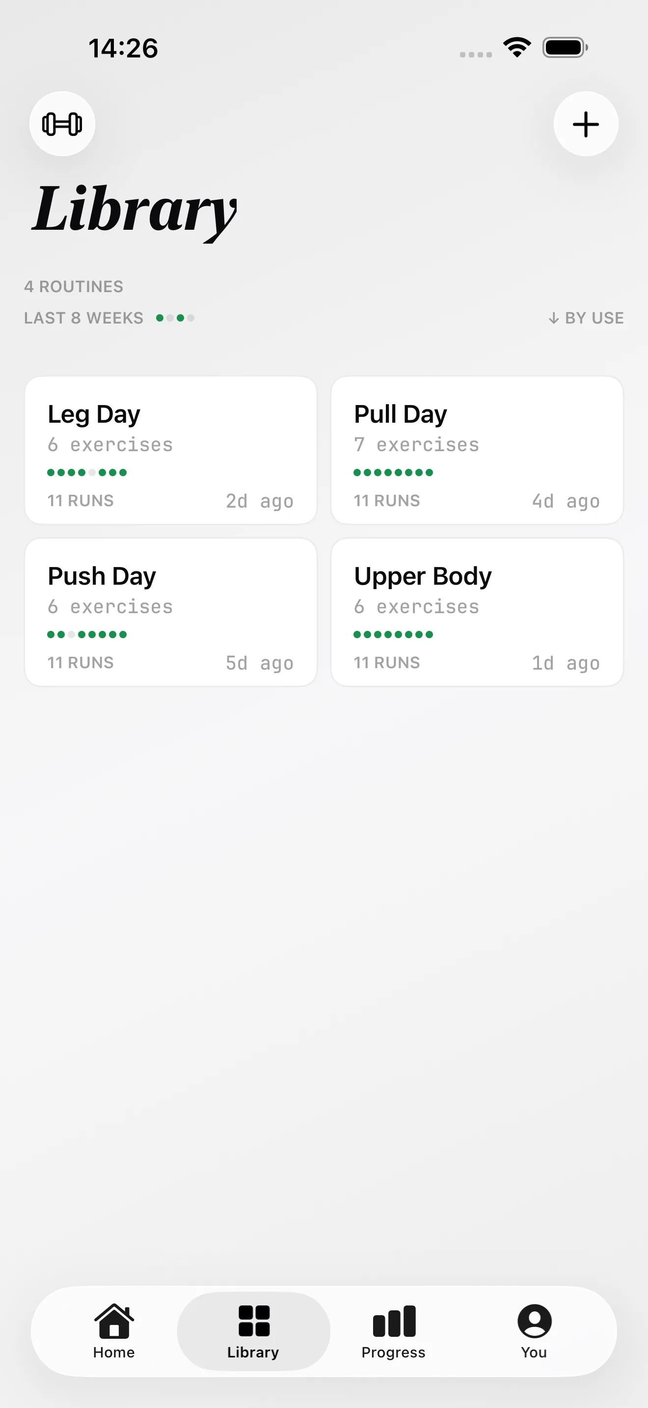 Alterio Library screen with Push, Pull, Leg and Upper Body routines and their run counts