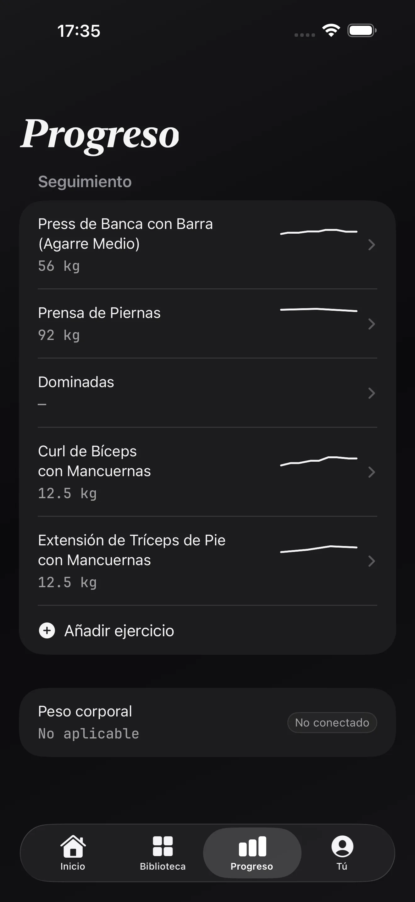Pantalla Progrés d’Alterio amb exercicis seguits, tendències i pes corporal