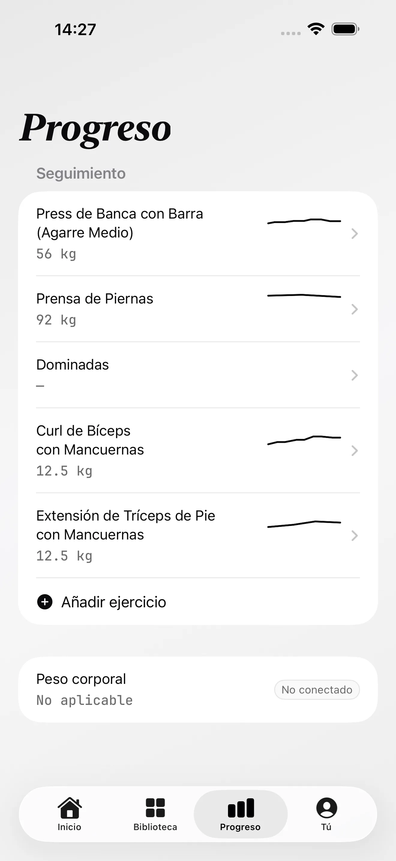 Pantalla Progrés d’Alterio amb exercicis seguits, tendències i pes corporal