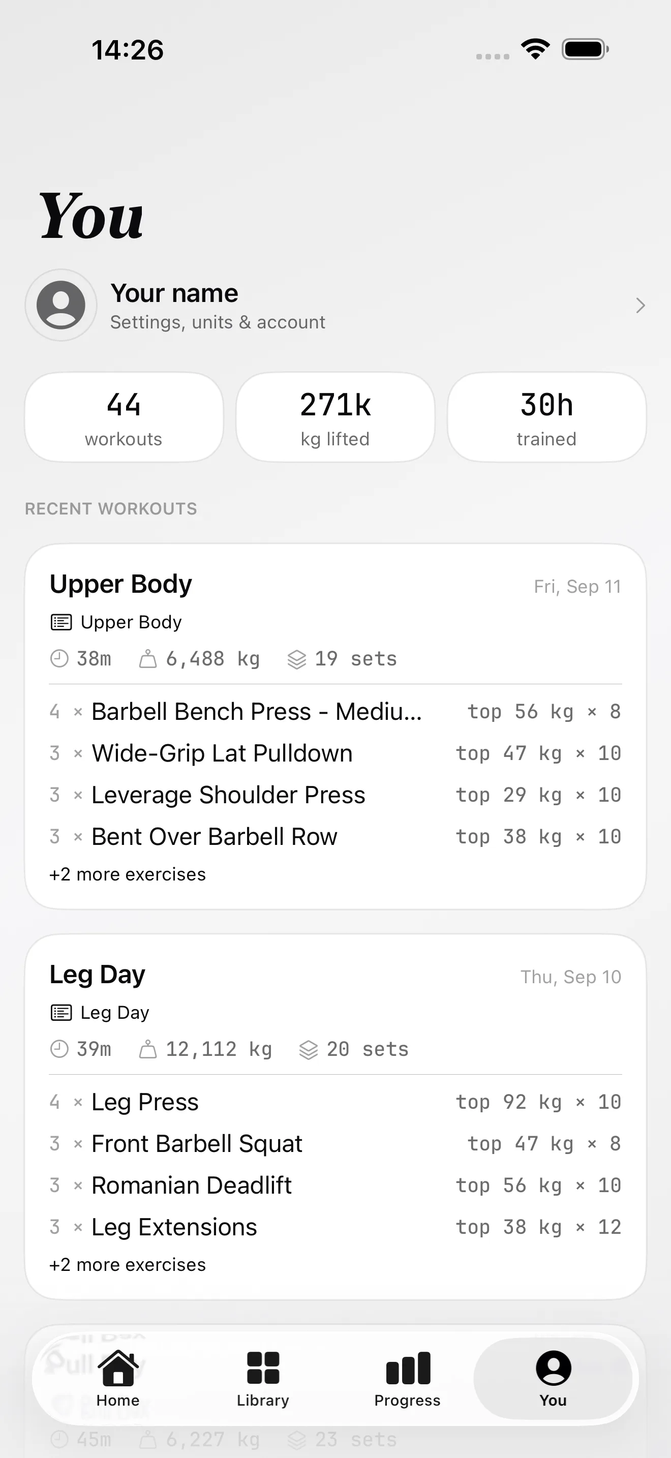 Alterio You screen with lifetime workouts, kilograms lifted, hours trained and recent sessions