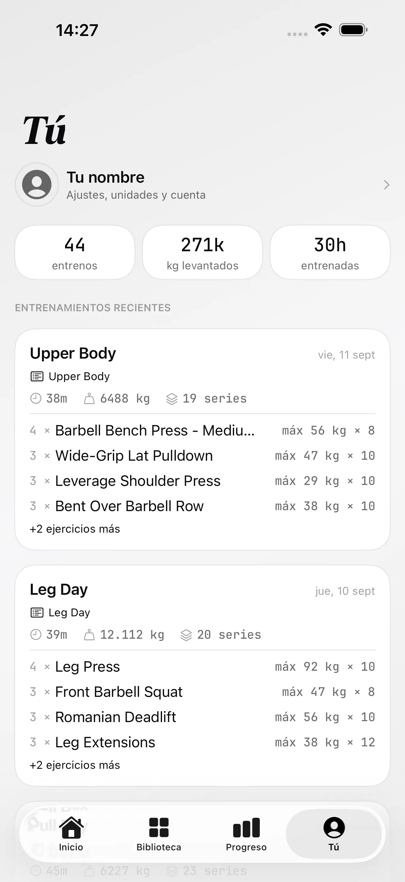 Pantalla Tu d’Alterio amb entrenaments totals, quilos aixecats, hores entrenades i sessions recents