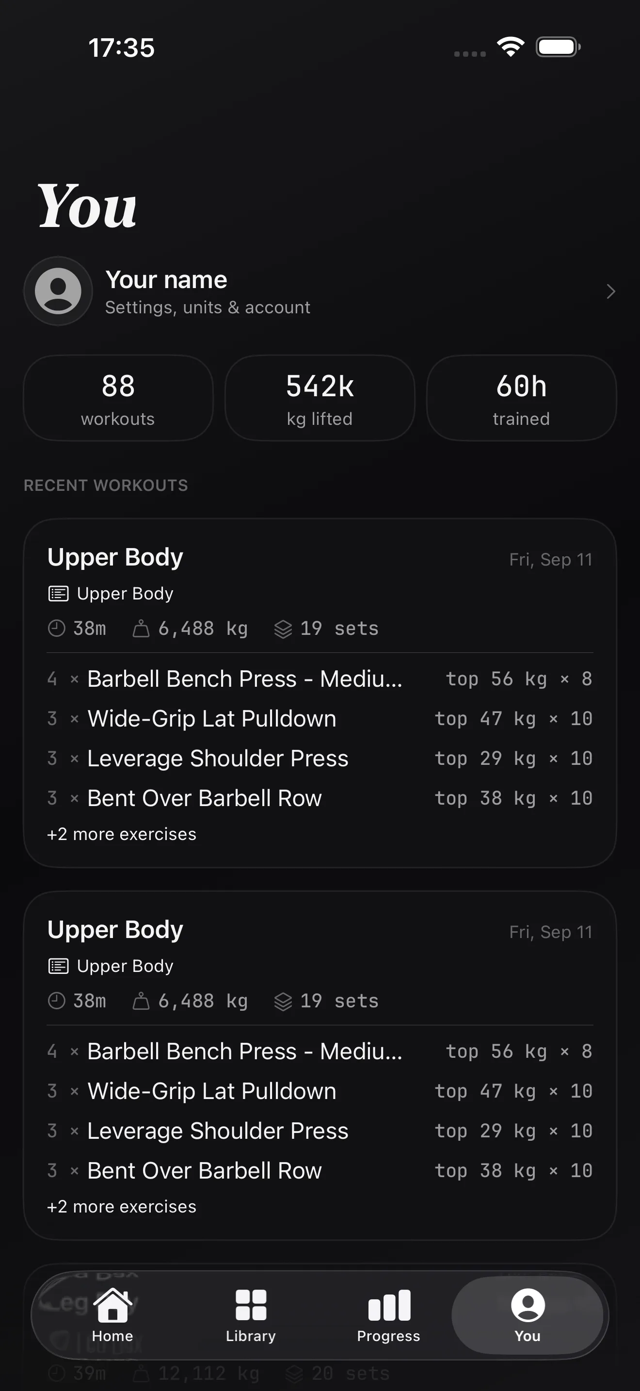 Alterio You screen with lifetime workouts, kilograms lifted, hours trained and recent sessions