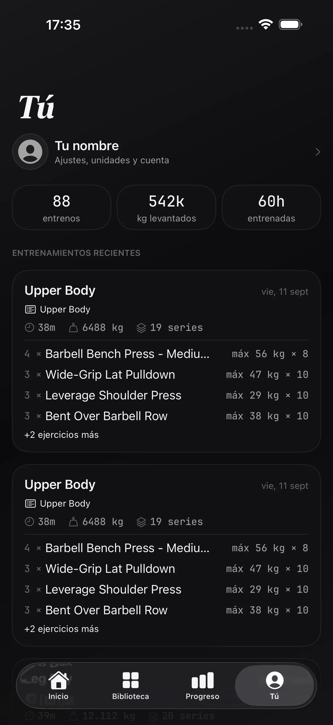 Pantalla Tu d’Alterio amb entrenaments totals, quilos aixecats, hores entrenades i sessions recents